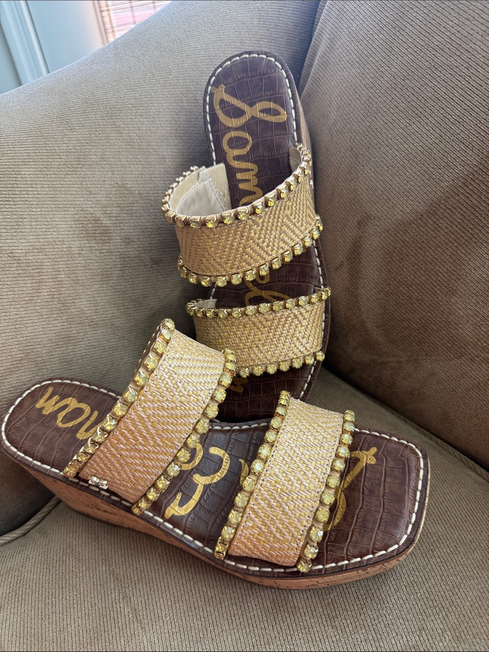 Sam Edelman Gold Beaded Triple-Strap Slide Sandals